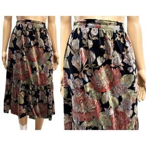 70s Strawberry Plant Velvet Floral Skirt Dorothy Schoelen Midi Ruffle Hem XS